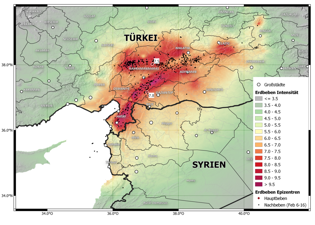 Karte des Erschütterungsgebiets durch das Kahramanmaras Erdbeben, 2023 in Türkei und Syrien.