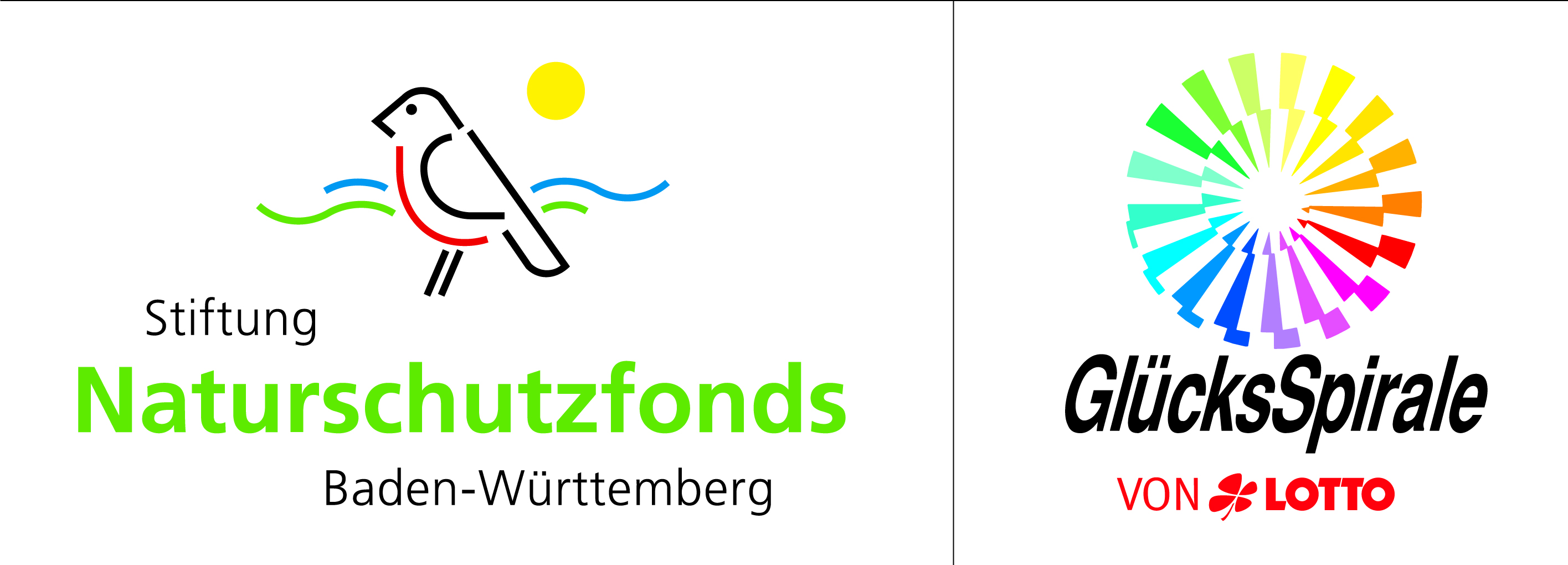Das Logo der Stiftung Naturschutzfonds Baden-Württemberg ist ein grob skizzierter Vogel mit rotem Bauch. Das Logo der Glücksspirale ist eine Spirale in allen Farben. 