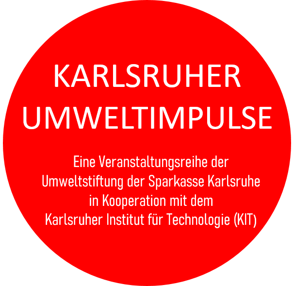 ein roter Kreis, der den Text "Karlsruher Umweltimpulse - Eine Veranstaltungsreihe der Umweltstiftung der Sparkasse Karlsruhe in Kooperation mit dem Karlsruher Institut für Technologie (KIT)" steht