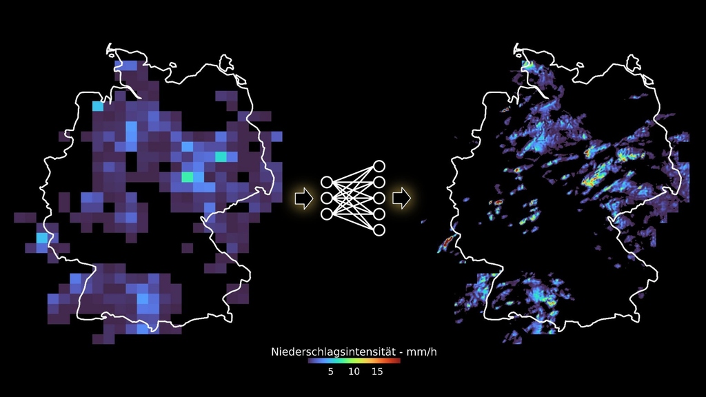das Foto illustriert anhand von Farbfeldern die verbesserte Auflösung einer Deutschland-Wetterkarte durch KI-Anwendung